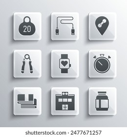 Set Gym building, Sports nutrition, Stopwatch, Smart, Towel stack, expander, Kettlebell and Location gym icon. Vector