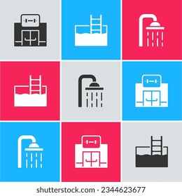 Set Gym building, Swimming pool with ladder and Shower head icon. Vector