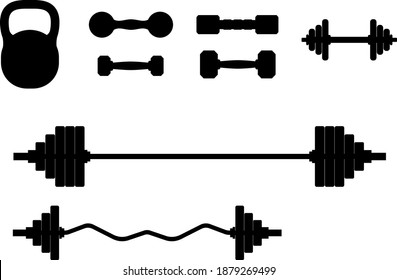 Set of gym equipment barbell and dumbbell