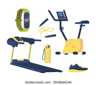 Set of Gym Equipment Design Elements Sneakers, Treadmill, Bicycle and Jump Rope with Smart Watch and Water Bottle Items for Fitness Exercises Isolated on White Background. Cartoon Vector Illustration