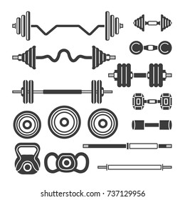 Set of gym equipment - modern vector monochrome isolated clip art isolated on white background. Barbells, power lifter, hand weights. Fitness, sport, power, healthy lifestyle concept. Vintage style