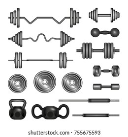 Set of gym equipment - modern vector realistic isolated clip art isolated on white background. 3D barbells, power lifter, hand weights. Fitness, sport, power, healthy lifestyle concept