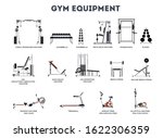 Set of gym equipment on white background vector illustration. Different fitness equipment for muscle building flat style design. Shoulder and neck building exercise. Workout and training concept
