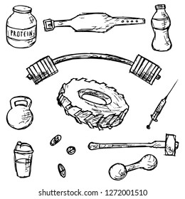 Set of gym equipment and sport supplements. Vector cartoon illustrations. Hand-drawn style.