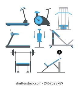 Set of gym equipment tool set collection, Fitness sport gym exercise equipment workout, Training apparatus for the gym isolated on white background, flat vector illustration.