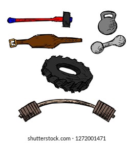 Set of gym equipment. Vector cartoon illustrations. Isolated objects on a white background. Hand-drawn style.