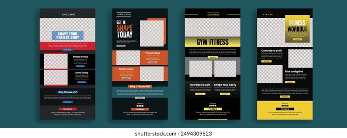 set of   gym and fitness Email newsletter templates suitable for fitness website UI interface template, fitness gym roll-up banner vertical design bundle