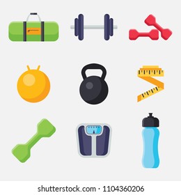 Set of GYM and fitness icons in flat style isolated on white background. Collection of bag, Dumbbells, fitness ball, kettlebell, Tape measure, Fitness healthy, comb, sport bottle vector illustrator