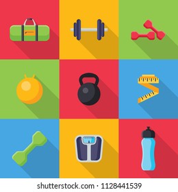 Set of GYM and fitness icons in flat style isolated on colorful background. Collection of bag, Dumbbells, fitness ball, kettlebell, Tape measure, Fitness healthy, comb, sport bottle vector illustrator