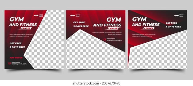Set of Gym and fitness social media post template design. Modern square banners with place for the photo.
