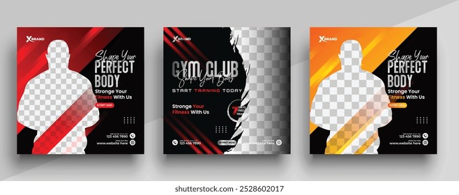 Set of Gym and Fitness social media post banner template with black red and yellow color, Sports and Fitness social media post banner. Suitable for social media, flyers, 