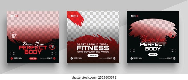 Set of Gym and Fitness social media post banner templates with black and red colors, Sports and Fitness social media post banner