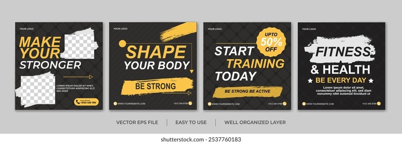 Set of Gym Fitness social media post design template. Suitable for social media, flyers, banner, and web internet. GYM Fitness Banner Social media post template with grunge shapes. Editable modern vec