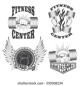 Set of gym and fitness sport club vintage logo on white background. Vector illustration.