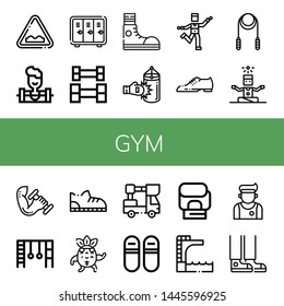 Set of gym icons such as Uneven, Weighlifter, Locker, Weightlifting, Sneakers, Punching bag, Zumba, Shoes, Skipping rope, Yoga, Dumbbell, Monkey bars, Shoe, Strong, Lifter , gym