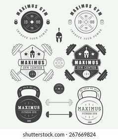 Set of gym logos, labels, badges and elements in vintage style