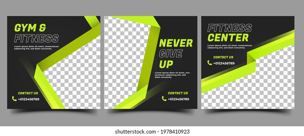 Set of Gym and Sport Social Media Post Template. Modern banner design with abstract shape frame and place for the photo.