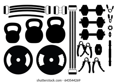 Set of gym weights and accessories silhouettes