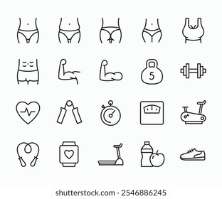 Set of Gym and Workout Icons, Featuring Body, Muscle, Barbell, running shoe, tredmill Line Icons