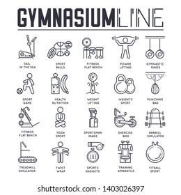 Set of gymnasium thin line icons, logos isolated on white background. Fitness, yoga and sport outline pictograms collection. Athletic, training equipment vector elements for infographic, web.