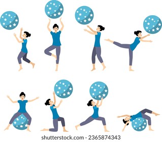 Set of gymnast poses. A girl with a blue ball does gymnastic exercises.  Acrobatic poses.