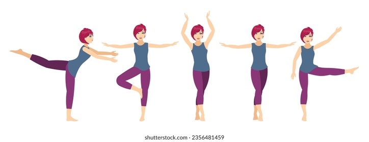 Set of gymnast poses. The girl does gymnastic exercises. Acrobatic poses.