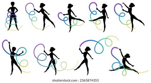 Set of gymnast poses. Silhouette. The girl performs with a sports ribbon. Acrobatics isolated vector