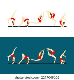 Set of gymnast poses. Young girl making an exercise for a gymnastics. Acrobatic poses. Isolated vector illustration of acrobatics on white background