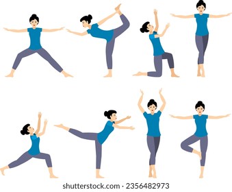 Set of gymnast poses. A young girl in a blue t-shirt is doing gymnastic exercises. Acrobatic poses.