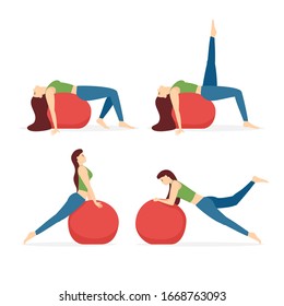 Set of gymnastic poses with big red ball. Pretty woman doing Yoga. Pilates training with young girl isolated on white background. Flat style cartoon illustration of fitness workout. Healthy lifestyle