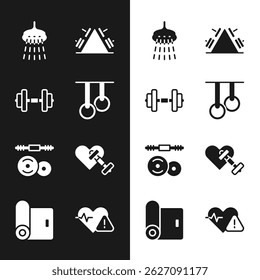 Definir anéis de ginástica, Dumbbell, Chuveiro, Suporte de metal com peso, Barbell, coração, frequência cardíaca e ícone do rolo do tapete de fitness. Vetor