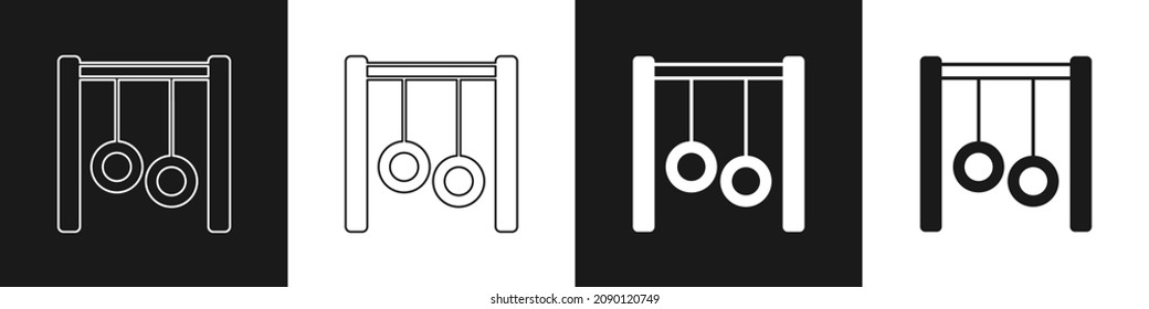 Set Gymnastikring Symbol einzeln auf schwarz-weißem Hintergrund. Spielgeräte mit Hängeseil mit Ringen.  Vektorgrafik