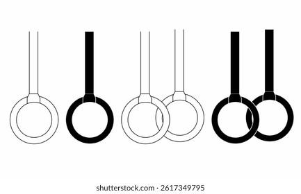 Set of gymnastic rings icons in line, outline,silhouette and solid styles. Simple sport or fitness symbols perfect for logo, app UI, web, or fitness infographic design