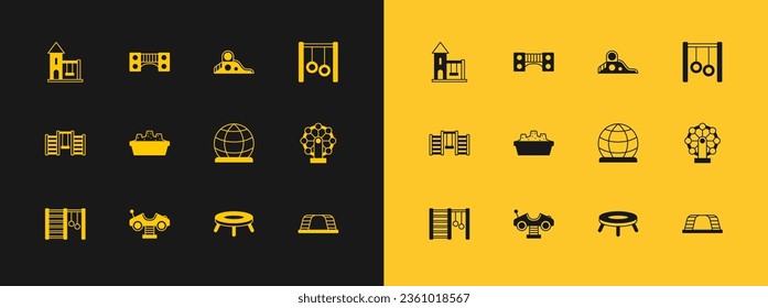 Set Gymnastic rings, Swing car, Playground climbing equipment, Jumping trampoline, Sandbox with sand, Slide playground, for kids and bridge icon. Vector
