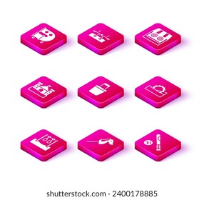 Set Gymnastic rings, Toy horse, Sand castle, bucket, Baseball bat with ball, Ferris wheel, Shooting gallery and Seesaw icon. Vector