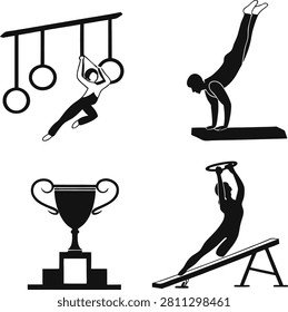 Set of gymnastics icons, including athletes on rings, balance beam, and a winner's trophy, isolated on white background.