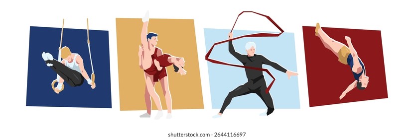Conjunto de ginástica, atleta feminina de trampolim. pose dinâmica, ativa. Ilustração de vetor plano de desenhos animados. 