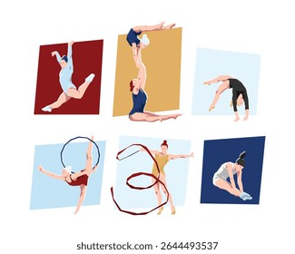Conjunto de ginástica, atleta feminina de trampolim. pose dinâmica, ativa. Ilustração de vetor plano de desenhos animados. 