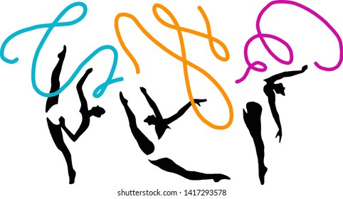 Set with gymnasts isolated on white. Sports and physical activity collection of girls performing rhythmic gymnastics. Silhouettes of fit women holding sticks with long waving ribbons. Sport background