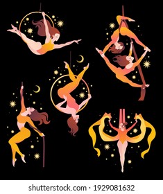 Set With Gymnasts On Aerial Silks, On A Ring, On A Rope. Simple Vector Color Illustration On A Dark Background With Stars.