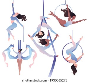 Set With Gymnasts On Aerial Silks, On A Ring, On A Rope. Simple Vector Color Illustration Isolated On White Background.