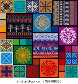 Conjunto de patrones vectoriales sin fisuras de estilo gitano. Árboles nocturnos, espías florecientes, fronteras bohemias, mandalas. Impresiones textiles y cerámicas étnicas. Símbolos de sol, cielo, hierba, bosque. Concepto de libertad.