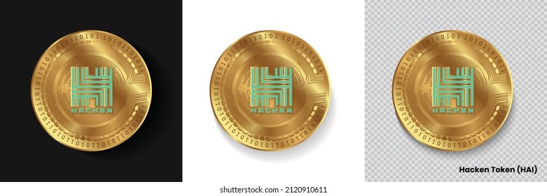 Set von Hacken Token HAI Krypto Währung Logo Symbol Vektorgrafik einzeln auf weißem, dunklem und transparentem Hintergrund. Kann als goldener Münzaufkleber, Symbol, Etikett, Abzeichen, Druckdesign und Emblem verwendet werden