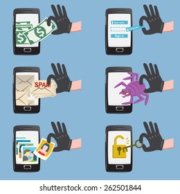 Set of hacker activity on smart phone with bug crack spam stealing money account password personal data