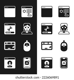 Set Hacker or coder, Loading data window, Browser, setting, Keyboard, Computer mouse, Mobile Apps and Create account screen icon. Vector