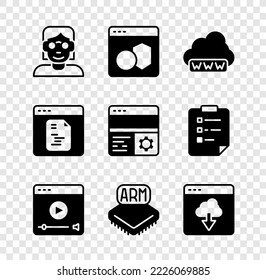 Set Hacker or coder, Software, Web development, Online play video, Processor, Cloud technology data transfer, and Debugging icon. Vector