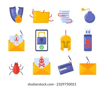 Set of hacker color icons. Identity theft and online danger, buggn and computer virus. Bank card on hook and smartphone with open lock. Cartoon flat vector collection isolated on white background