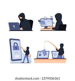 Conjunto de hackers y ciberdelincuentes que roban datos confidenciales con el concepto de ilustración de computadora portátil