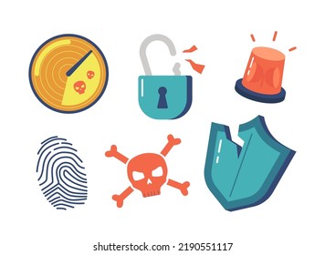 Set von Hacker Icons Radar, Broken Padlock, Siren, Finger Print, Cracked Shield, Schädel mit Knochen einzeln auf weißem Hintergrund. Internet-Technologien für Cybersicherheit. Cartoon-Vektorgrafik, Zeichen