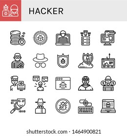 Set of hacker icons such as Hacker, Cyber attack, Malware, Ddos, Online robbery, Burglar, Antivirus, Data protection, Phishing, Programmer, Thief, Spyware, Detective , hacker